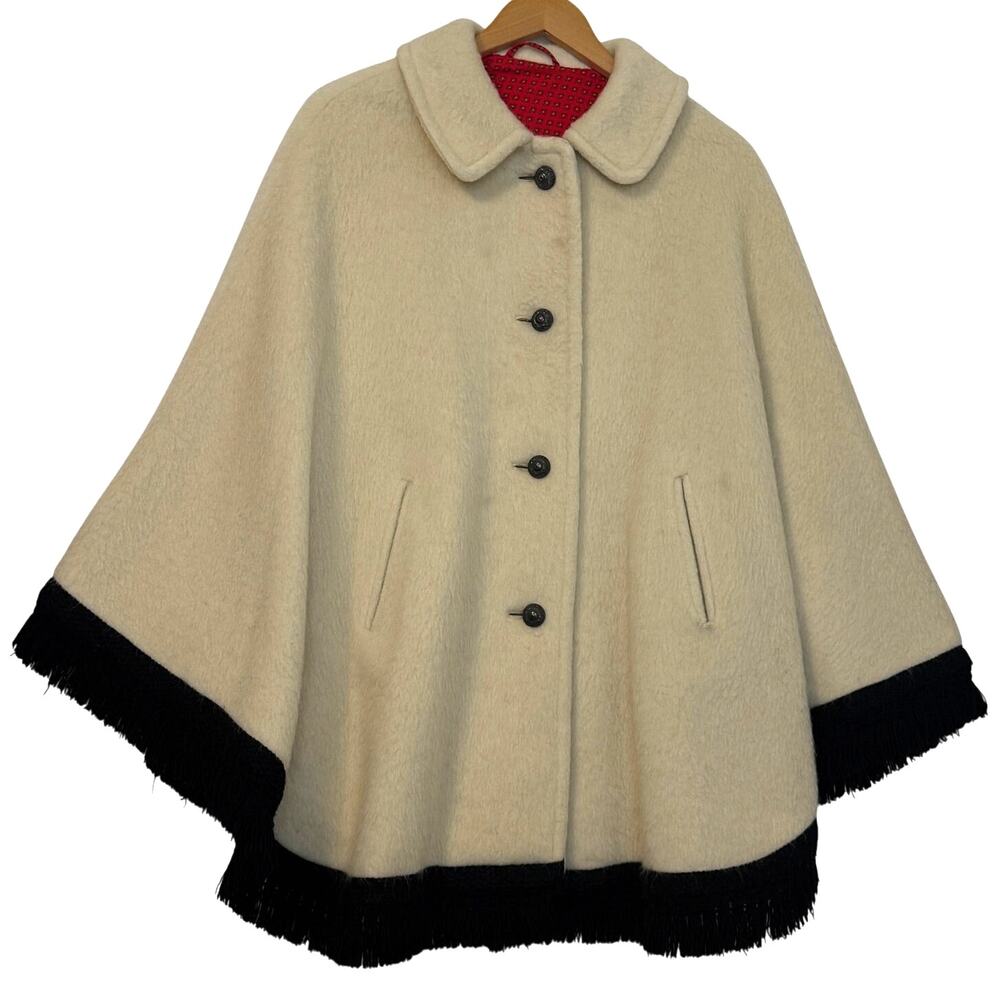 Loden Elvira Austrian Sz Lg / 38 Cape Wool Jacket Black Fringe Vintage Coat